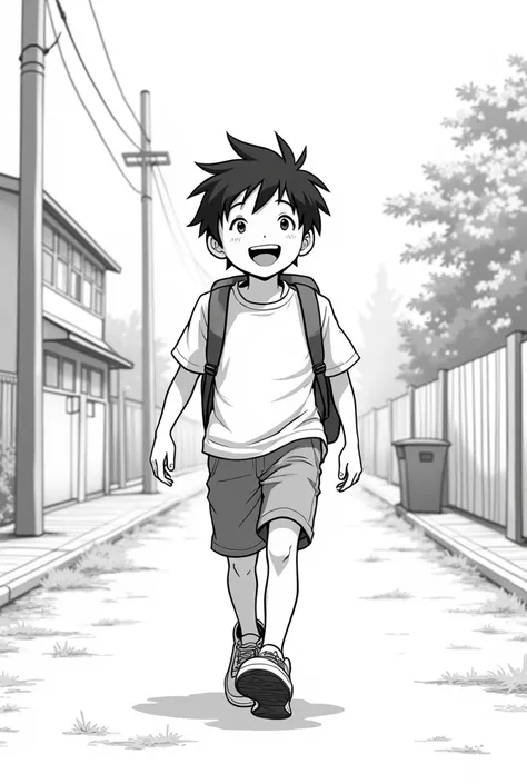 Happy boy going to school in black and white.