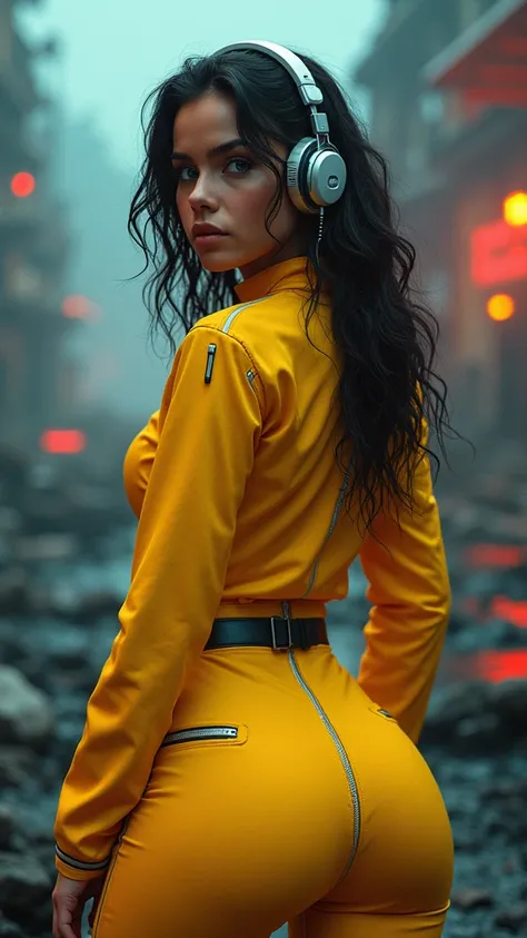 (rear view, backside view),(The best quality,A high resolution,Ultra - detailed,actual),Selena Gómez with headphones on and a (yellow outfit:1.4) , (afrofuturism style:1.4) , afrofuturism, rossdraws | afrofuturism, Beeple. hyperrealism, (style hybrid mix o...