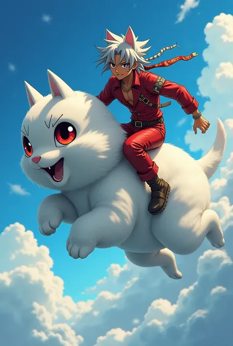 Create a  scene of a  male anime character in a cloud riding race , the character is literally riding a  anthropomorphic cloud , the character  appearance is light brown skin with mid length grey stylized dreadlocs ,one red cat eye one grey eye with a scar...