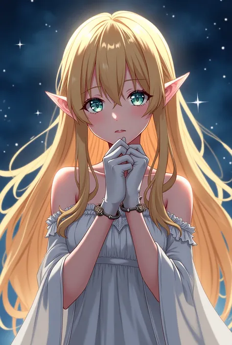 Night sky，Golden long hair elf anime girl，Wear white gloves，Hands restrained by handcuffs￼