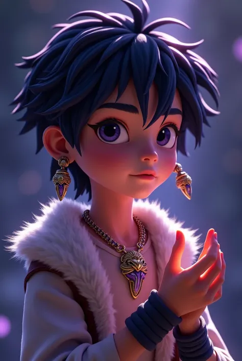 An animation of a boy wearing wolf fur bracelets and a chain with a wolf fang pendant, purple and have somewhat modern clothes