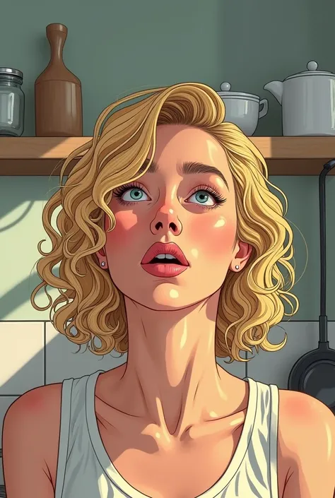  A sneezing beautiful gorgeous golden short curly hair style woman, neat modern Scandinavian kitchen with well organize kitchen object and cluttery, insanely detailed and intricate face sneezing gestures, realistic color comic illustration with strong infl...