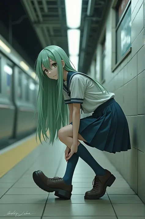 light green long hair girl，Junior high school Japanese female students，JK，bend down and look down，Lift with one foot，Deep pit pattern on sole，Inside the subway station。