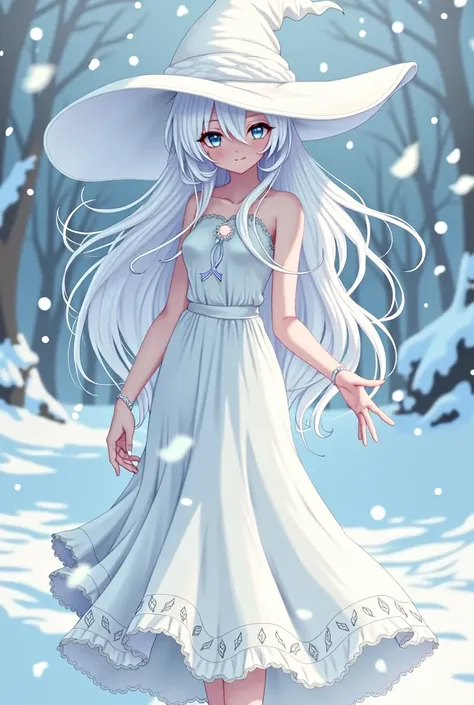 A snow witch with white clothes in anime style 2d fanart without ultra realism With a big white hat and one of her eyes closed She already has an adult body