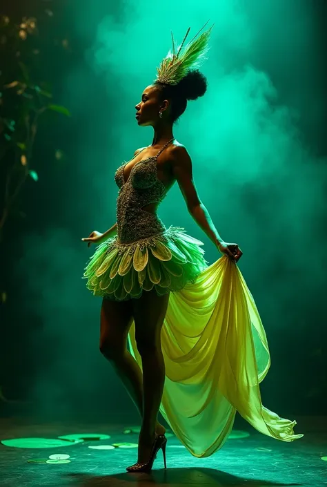 Full body cinematic photograph of Princess Tiana as a sexy burlesque dancer wearing a Lily Pad Inspired green and yellow elaborate showgirl costume on a dark stage with green filtered spotlight and cyan waterlike amoke effect. Provocative dance, beautiful ...