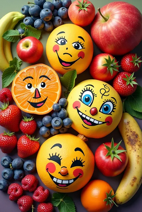 Create a flyer with Face Painted on Fruits in Healthy Eating written on it that is creative with vibrant colors and eye-catching.. in Spanish