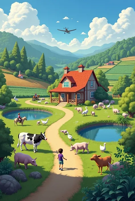 Build a house with, Two lakes, horseback, dairy cow, Boy, pig, Goose people, sheep, orchard，Many fields，Planted many plants，and a plane flying over the site.