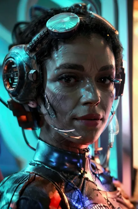 a black woman wearing a blue stormtrooper-like uniform, veins visible on her skin, with a cybernetic eye patch and cables attached to her body, glowing luma lights, inspired by the character Rosalina, highly detailed facial features, including eyes and lip...