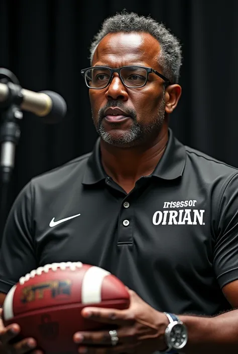 Create an image of a black football coach wearing glasses giving an interview to a podcast with a ball in his hand and the word Professor Varlan written on his shirt