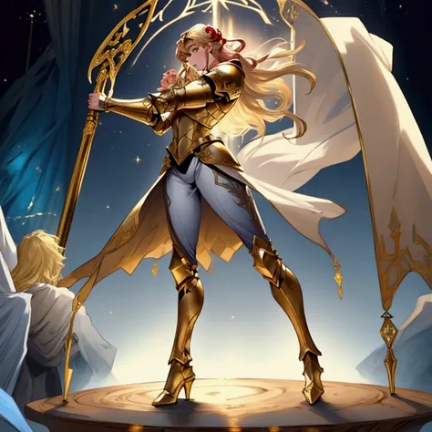 Create an image of a medieval knight with flowing blonde hair and shining golden armor, gracefully performing a pole dance in a fantasy setting. The character should be confident and strong, with a mix of elegance and power. The background should have myst...