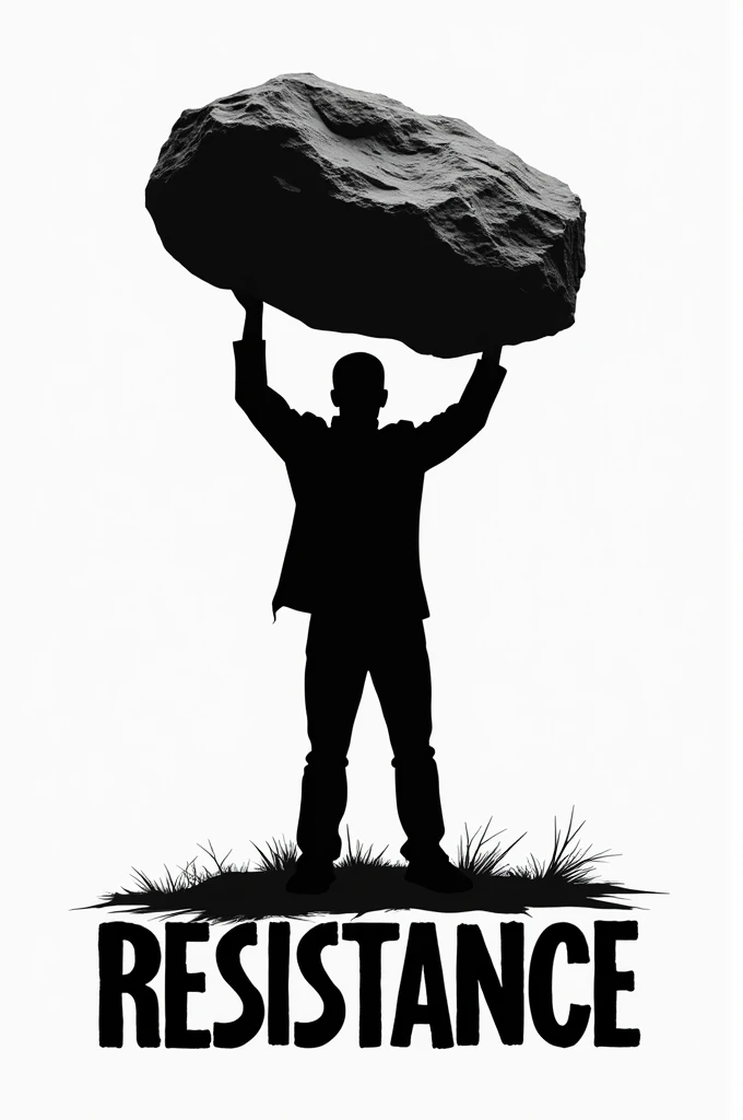 Create a logo-type image with the text RESISTANCE and containing a silhouette of a person holding a large rock