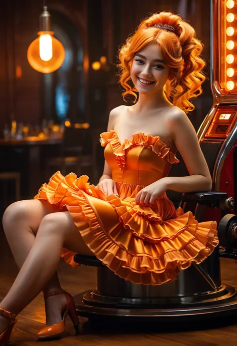 highly detailed, 8k, masterpiece, One girl, orange frills_hair_tube, dress, bend_thats all , Grin, (perfection_face), Sitting, machine, Brilliant, Complex, Dramatic lighting, 4K, detailed_background, Caustics, full_body, (Surreal:1.3), bloom,(Beautiful lig...