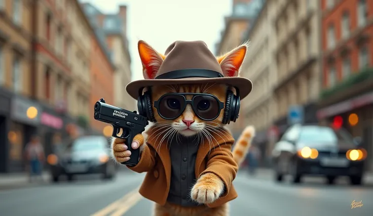 1920x1080 16:9 Perfect Centering, whole body、Cute kitten,Spy-style like 007 x, Borsalino with sunglasses, He is wearing headphones and chasing someone with a toy pistol before running away.　Lofi Rhythm on the front of the pistol & It says Paws, Position, A...