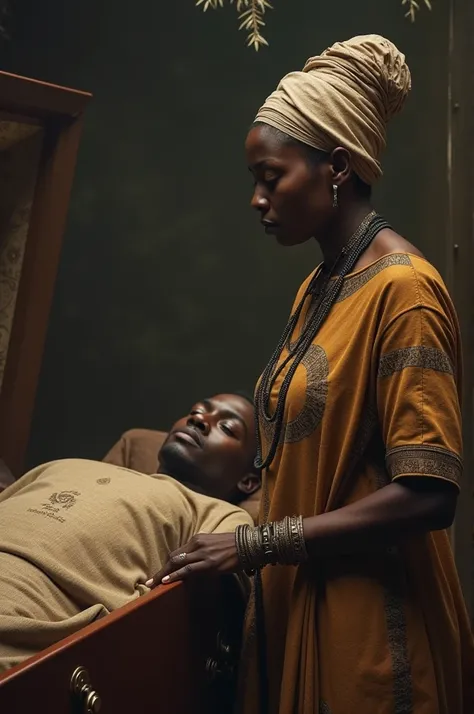 African woman alone next to her husband&#39;s coffin with his body on display