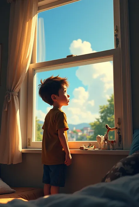 Boy looking out of his bedroom window 