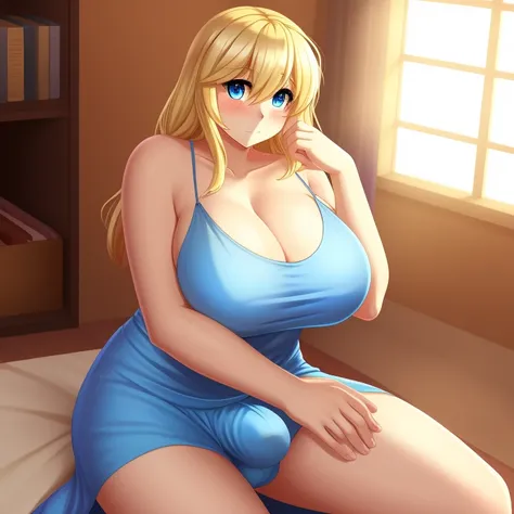 Solo, blonde hair, blue eyes, shy, large breasts, long dress, transparent dress, wear mens boxers, big penis under boxers, sexy pose