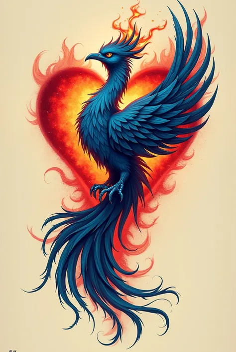 I want a tattoo of a phoenix between blue and red, that is on its side, and is reborn from a heart on fire, With the phrase there is much left to feel 