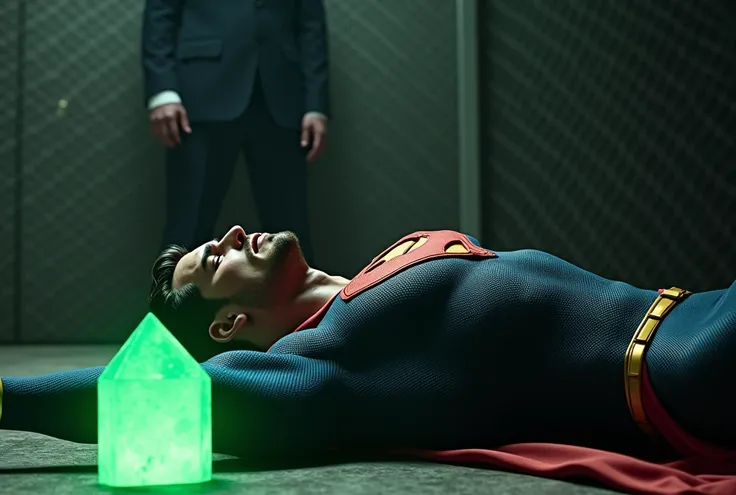 A handsome superhero is captured lying on the floor. He has short, slicked back hair. He has a well-defined jawline，small beard, he has a Sexy and pained expression, his eyes are closed, suggesting he is unconscious or incapacitated. Near him is a glowing ...