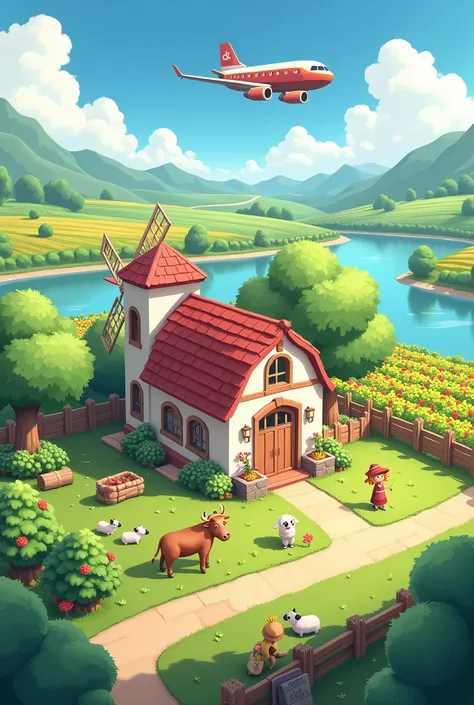 Build a house with, windmill，ox，sheep，scarecrow，Two lakes, Many fields，Planted many plants，and a plane flying over the site，Overlooking，Q version，Game architecture design，Casual game style，Masterpiece Super Detail，Anime rural scenery