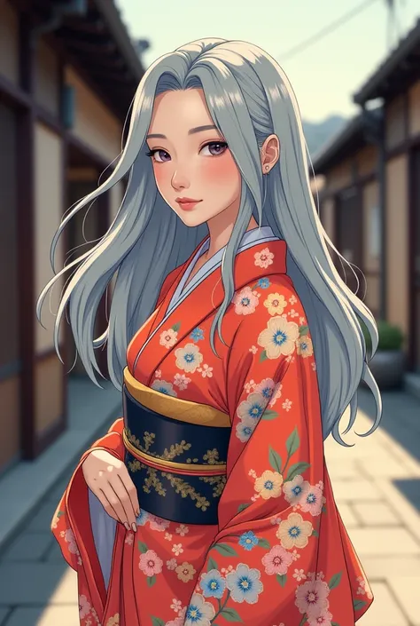 Full body style, Flower pattern kimono, Gray Hair, Back Alleys of Japan、２dimension、morning glory、Simple line initials, 20-year-old girl, Beautiful face,
