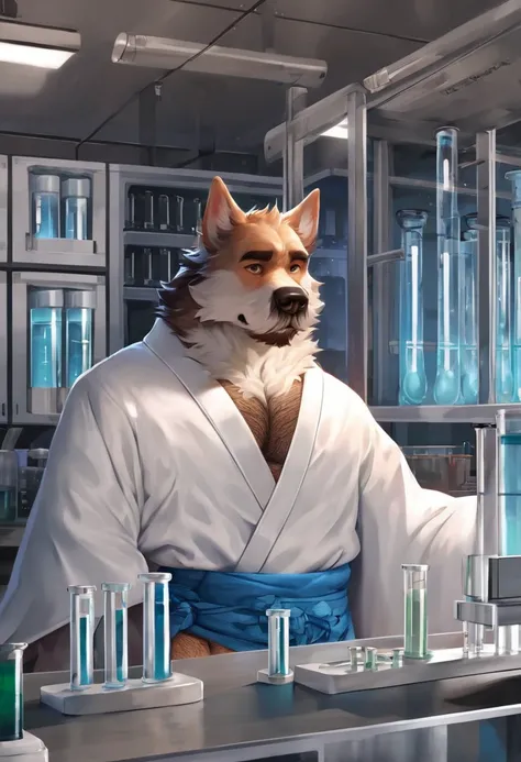 High quality, Best quality, Masterpiece, Very high resolution, Detailed background, Good lighting((Multicolored water in test tubes))laboratory, nonsense, Perfect anatomy(Handsome guy 1, Kimono, Focus only, white coat, Fluffy, human)(Hairy body, Dog facial...