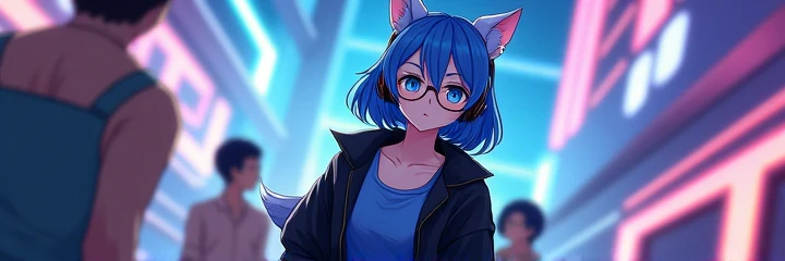 Anime girl wearing a blue tank top and a short black skirt, with blue hair and eyes, she has fox ears and tail, wearing glasses, headphones and black coat, she is at a futuristic party.