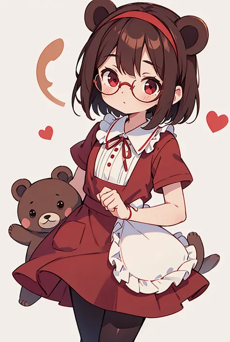 Simple Background, Short Bob,Bear Ears,Round Glasses,Cocoa brown hair,Red ribbon around neck,White blouse,Red mid-length skirt,Brown apron dress,Black tights,Brown boots,Red eyes,Cowboy Shot, A headband in the shape of a clasp