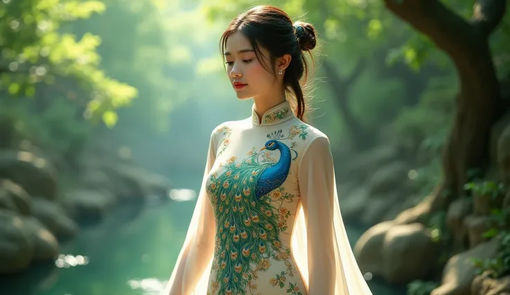 the girl in the Ao Dai is sewn from thin silk or cotton fabric, has a long and body-hugging white style that is very detailed, the peacock pattern in front of the 