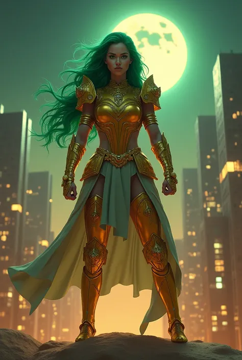 (Masterpiece, 4k resolution, ultra-realistic, very detailed), (Theme of knights of the zodiac, charismatic, there is a girl at the top of the city, wearing a golden gold armor Sagittarius knight, she is a superhero), [ ((20 years), (long green hair:1.2), f...