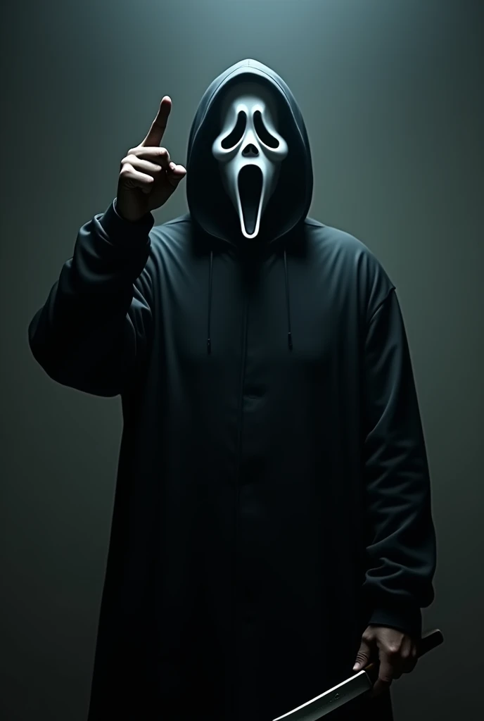 An ultra-realistic depiction of Ghostface from the Scream movie series, positioned close to the camera. His white mask is the focal point, framed by his black hood. He is pointing directly upwards with his right hand, while his left hand holds a sharp knif...