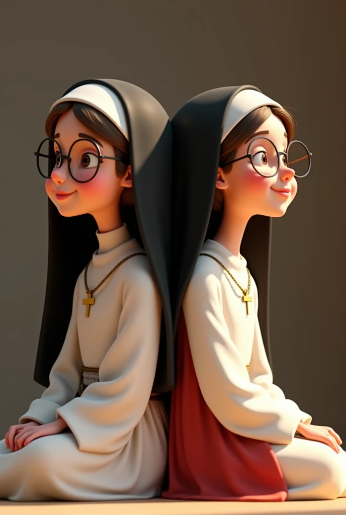 Animation of a little nun dressed in white, with black veil, cross necklace, smiling, with glasses, sitting, back to back with Jesus without glasses, with white and red tunic, Jesus sin velo
Ambos del mismo tamaño y con ojos cerrados smiling