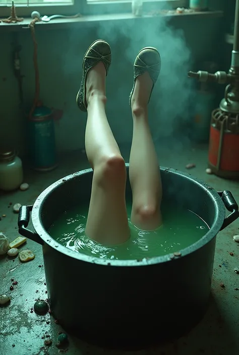 beautiful woman is wearing oxford shoes and skirt, falls headfirst into a pot full of acid, Her head is not visible because it is inside the pot and only her legs are visible sticking out from above wearing high-heeled oxford shoes and a skirt., and there ...