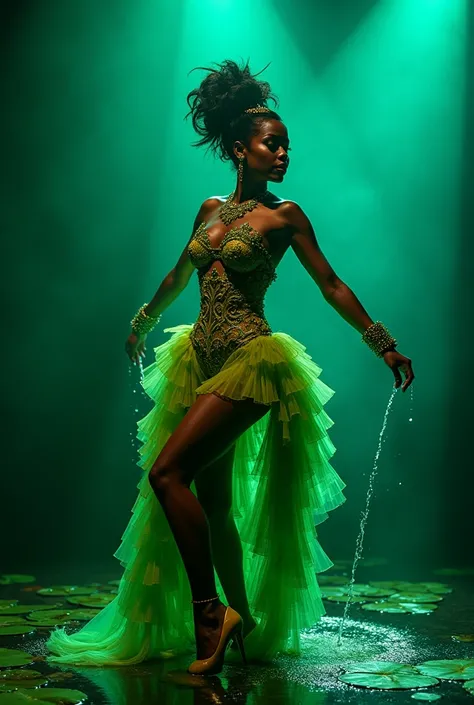 Full body cinematic photograph of Princess Tiana as a sexy burlesque dancer wearing a Lily Pad Inspired green and yellow elaborate full glam showgirl costume on a dark stage with green and blue filtered directional  spotlighting and cyan waterlike smoke ef...