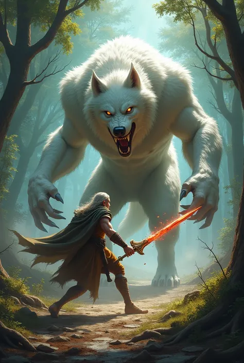 Giant white werewolf fighting against elf warrior man