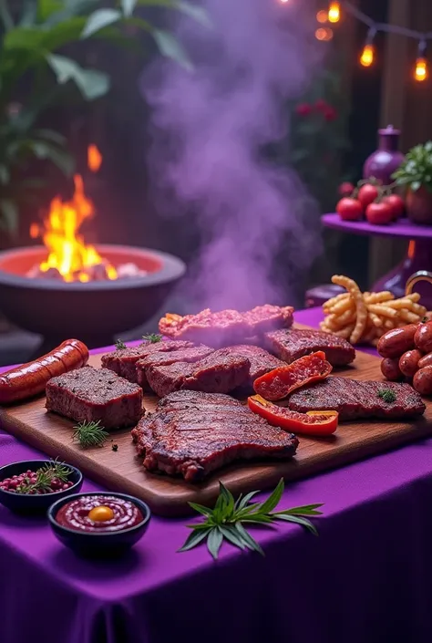 Images of a barbecue with meats and snacks in purple