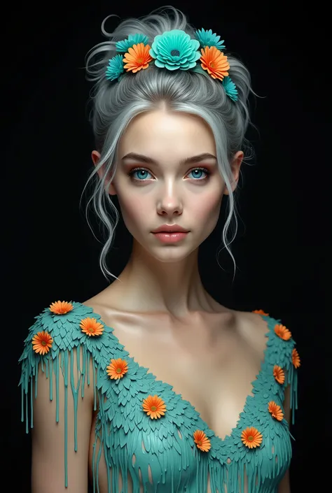 a realistic beautiful woman, front view with head turned to side, turquoise eyeshadow & eyes, silver hair up in a messy bun with turquoise flowers in it dripping turquoise paint, one of her shoulders has turquoise tiny flowers on it dripping paint, the oth...