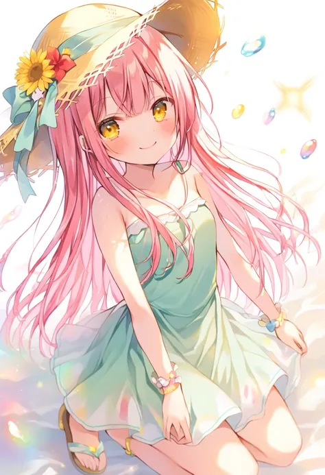 girl、cute、Yellow Eyes、Pink Hair、Half-twin with long hair、Straw hat、one piece、cute、Be loved、Teary-eyed、smile、Eyes glow yellow、Red cheeks、Small breasts、Emphasize the chest、Idol、Sandals、