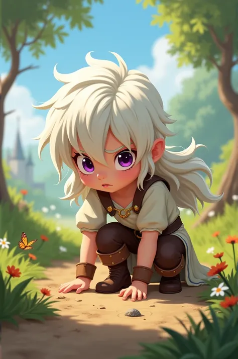 I want an image with a cartoon style, of a white-haired boy, purple eyes, long hair, in medieval clothing, he is examining the ground with a worried face