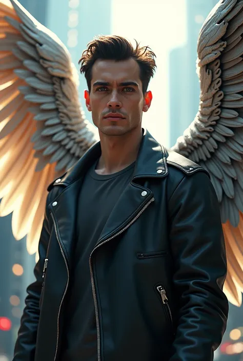 Young man in leather jacket with wings, one metal wing and one white wing, em cgi