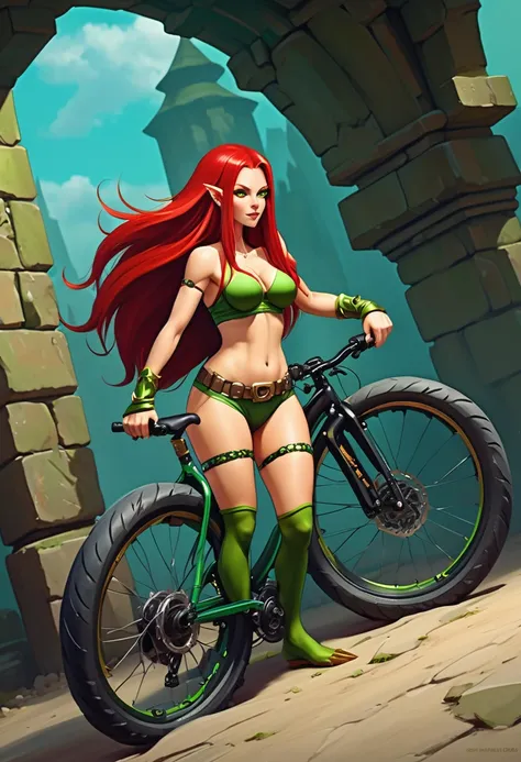 long red hair,goblin female, sole female,crotchless pantyhose, black spandex biking shorts, athletic, thick thighs, wide hips, narrow waist, small waist, fit, big breasts, big hips. anklet, long eyelashes, eyeshadow, green skin, golden eyes, armored crysta...