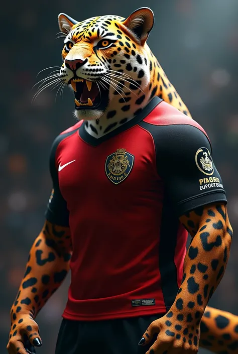 a ferocious jaguar mascot of the Flamengo soccer team, muscular and powerful body, wearing the red and black jersey of the Flamengo team, detailed fur texture, intense glowing eyes, sharp fangs, dynamic pose, photorealistic, cinematic lighting, highly deta...