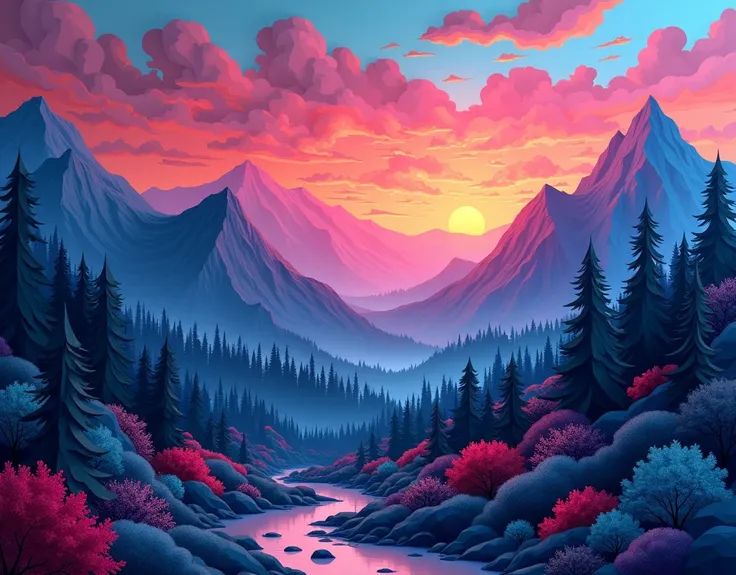 Generate an image in papercraft style, of a landscape in a wooded and mountainous dusk, fantastic and multicoloured