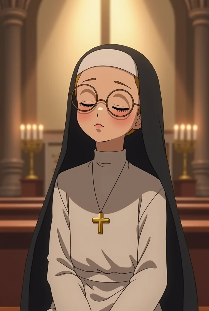 Animation of a little nun dressed in white, with black veil, cross necklace, smiling, with glasses, Eyes closed, sitting, in front of the exposed Eucharist