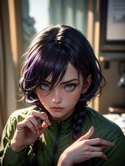 a girl in a chernobyl exclusion zone, wearing a jumpsuit, with purple hair, green eyes, a scar above her left eyebrow, unarmed, 5 fingers on her left hand, 5 fingers on her right hand, looking sad, (best quality,4k,8k,highres,masterpiece:1.2),ultra-detaile...