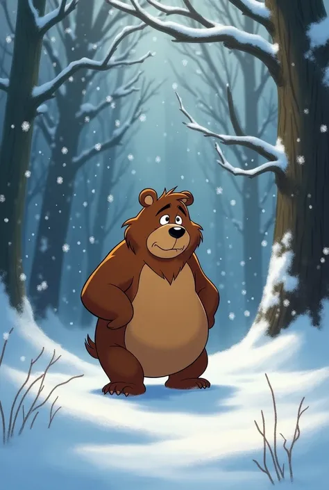 The scene shifts to early winter. Snowflakes start to fall gently, and the once green forest is now covered in a soft layer of snow. Baloo, the same chubby brown bear, stands in the middle of the forest with a worried look on his face. His fur has snowflak...