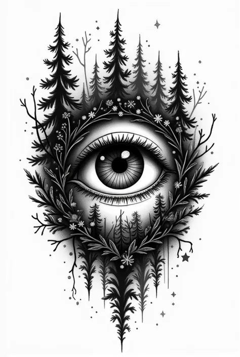 Tattoo Decal, with psychedelic eye, black and white, with a background of an enchanted forest, tattoo approximately 10 centimeters, simple drawing 
