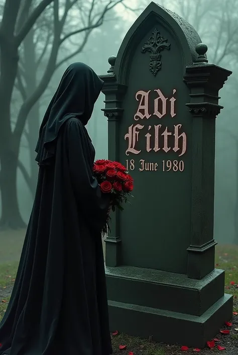 a woman in a black robe holding red roses and a tombstone using gothic letters with the name "adi filth 18 JUNE 1980" in red.