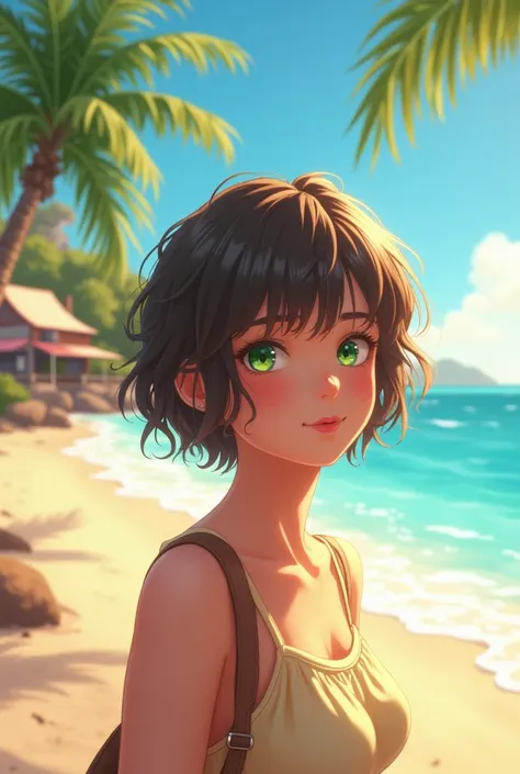 A sunny morning, with Clara walking along the beach. She has short hair and delicate bangs., with bright green eyes. the sea in the background, palm trees swaying in the wind, and a newly opened cozy cafe