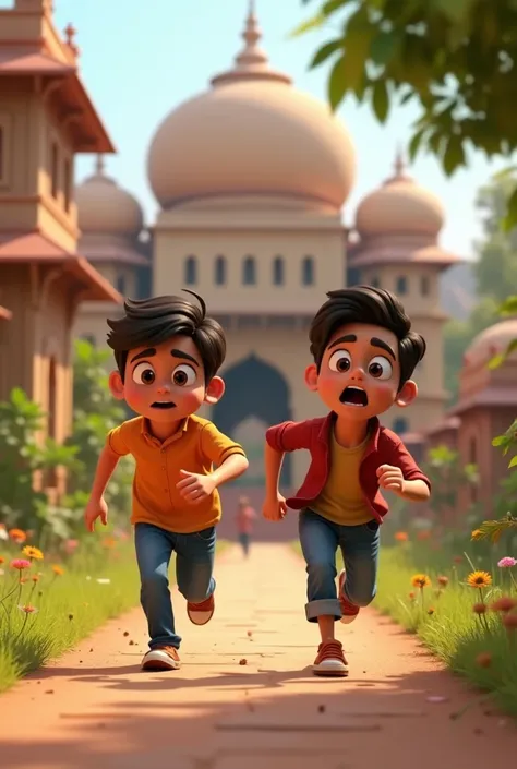 Create cinematic 3D cartoon style " village outdoor a haveli  running 2 friend scared