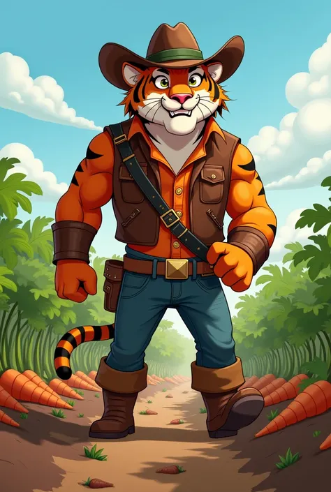 Humanoid tiger in a cowboy hat and heroic clothes plowing the land of his carrot crop in the animated style of the cartoon "heroes of pure heart" from cartoon network where the character appears "That&#39;s it"